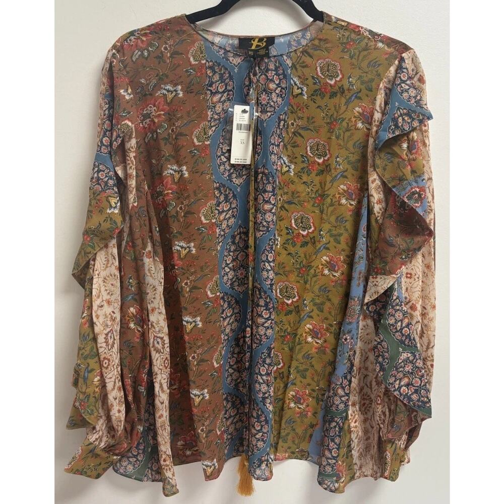 Sachin & Babi Patchwork Boho Floral Ruffle Sleeve Tassel Blouse‎ Top XS NWT